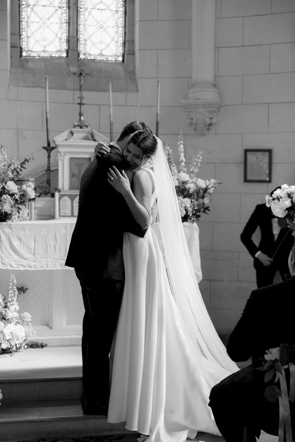 chapel wedding ceremony paris couple black and white