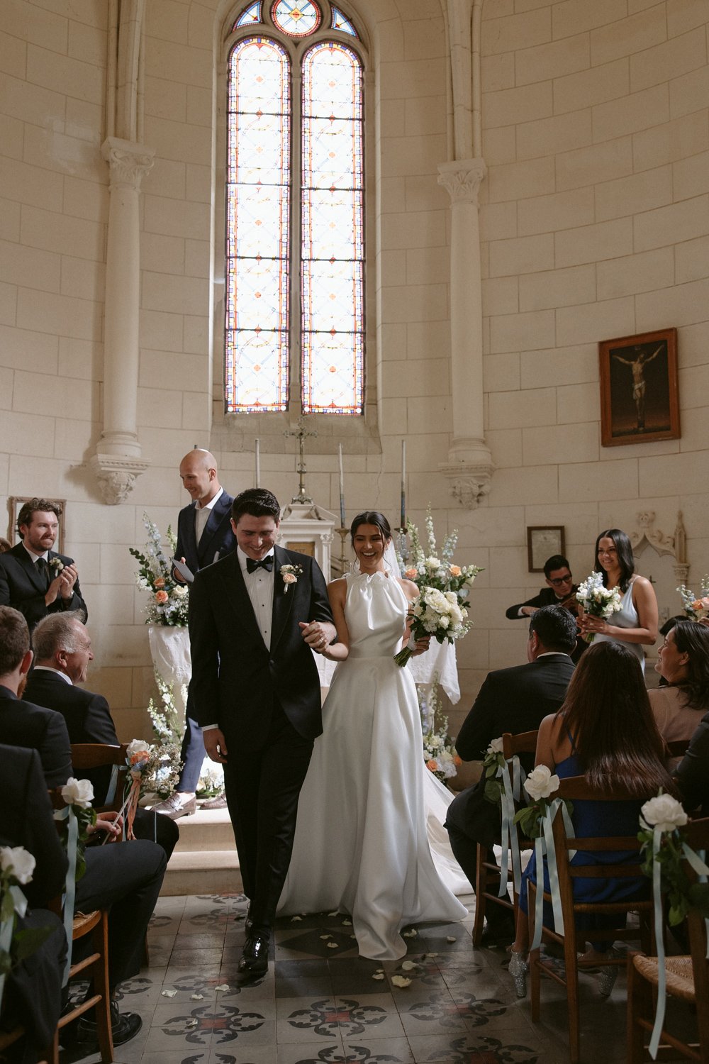 chateau wedding chapel ceremony paris couple exit