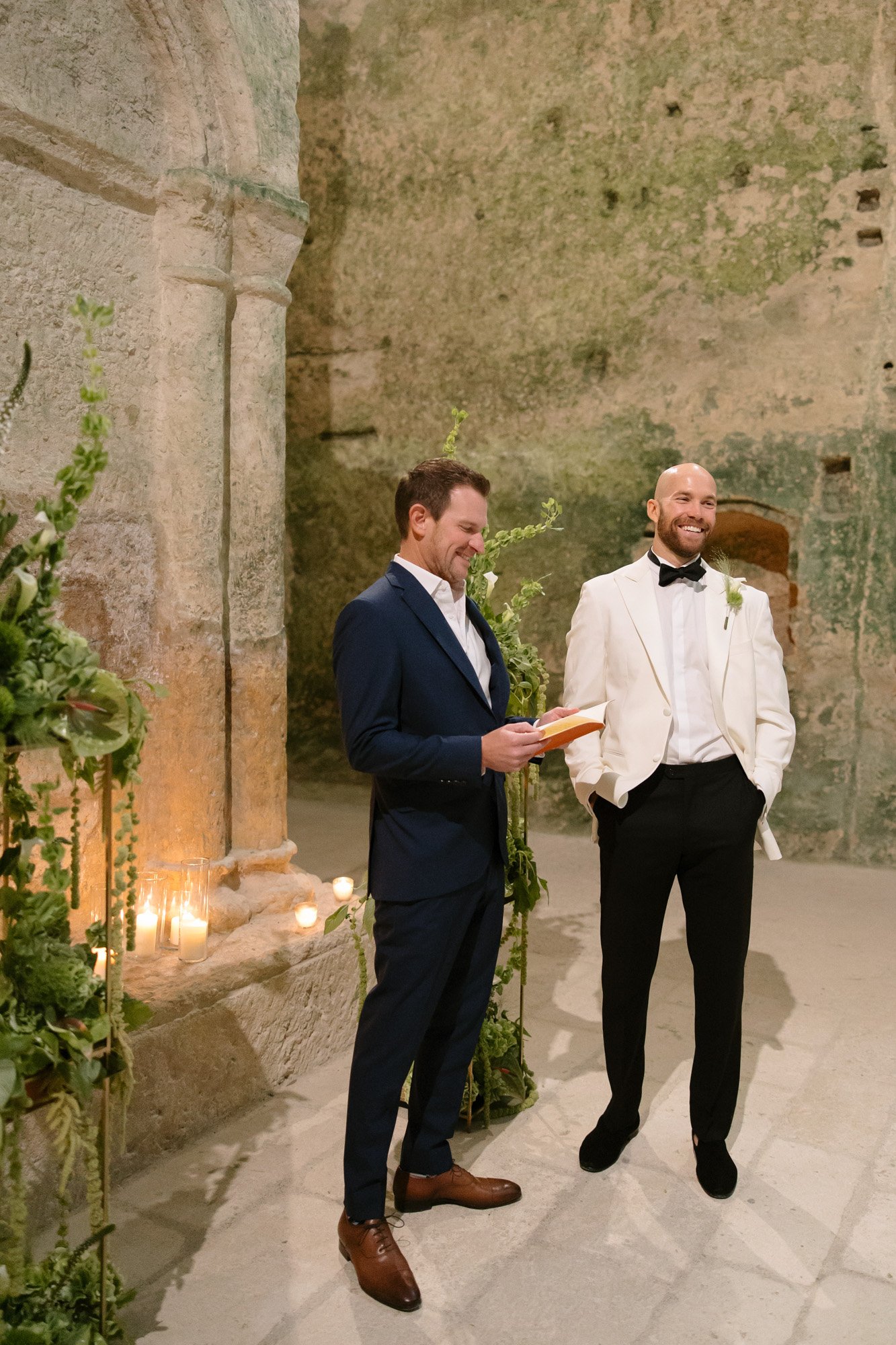 Two men standing in a room. Aubeterre sur dronne wedding.