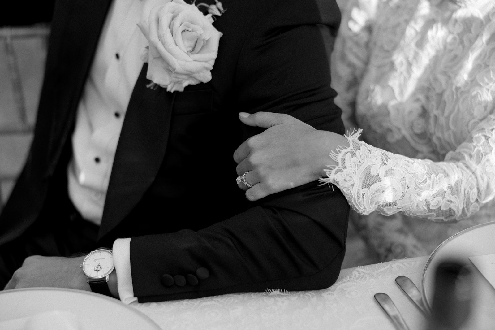 A person in a lace dress holds the arm of a person in a suit with a boutonniere; the person in the dress wears a ring. Chateau de la Valouze wedding.