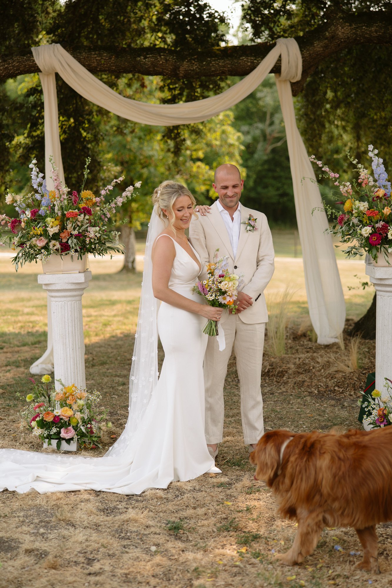 A bride and groom in formal attire stand under a floral wedding arch outdoors, smiling as a brown dog approaches them.