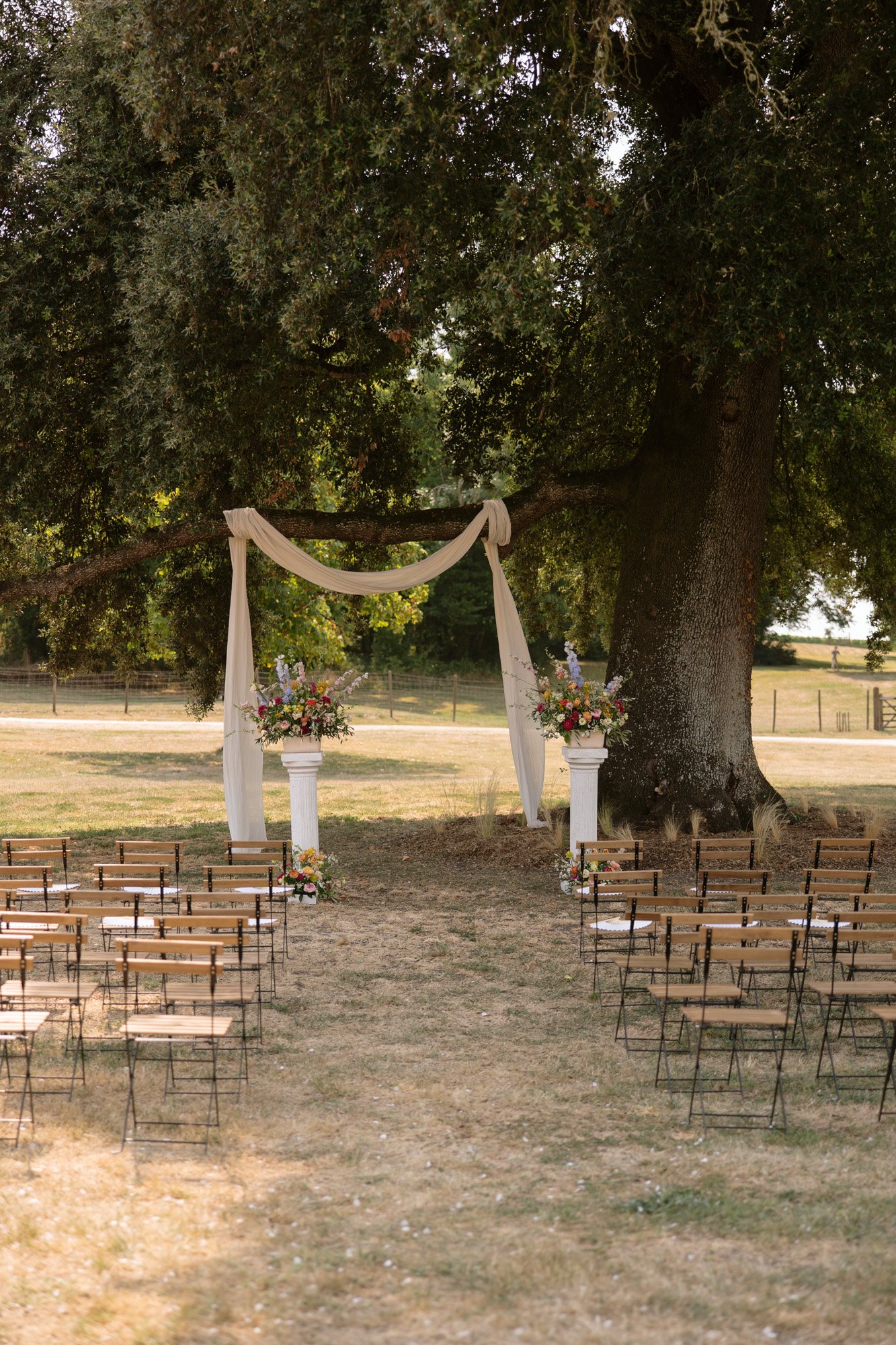Rows of wooden chairs face a simple outdoor wedding altar with white drapery and flower arrangements under a large tree in a grassy area.