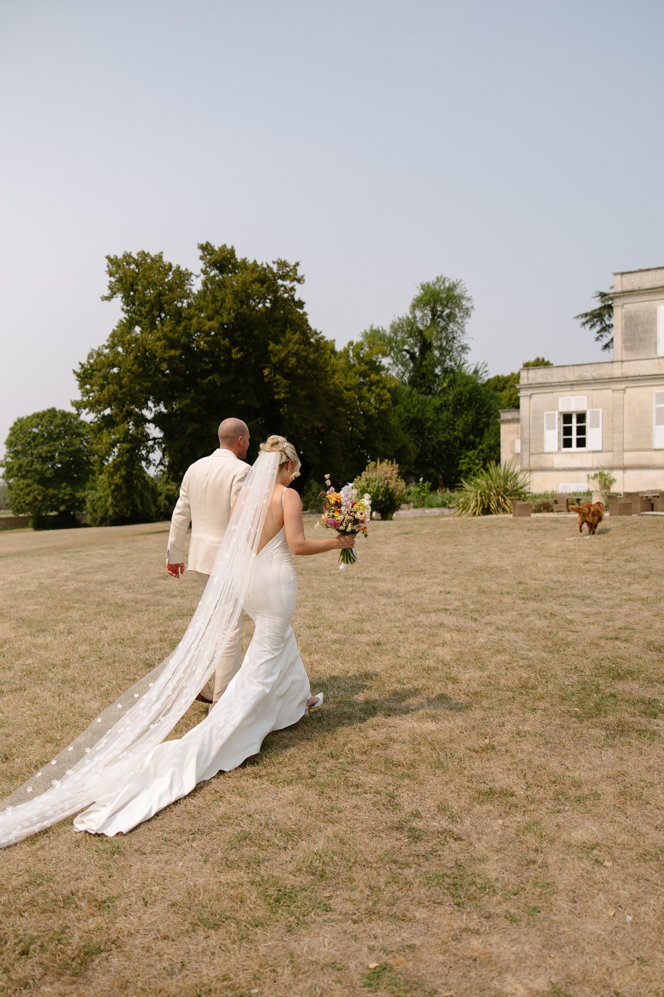 A man and woman walking in a field with a dog.