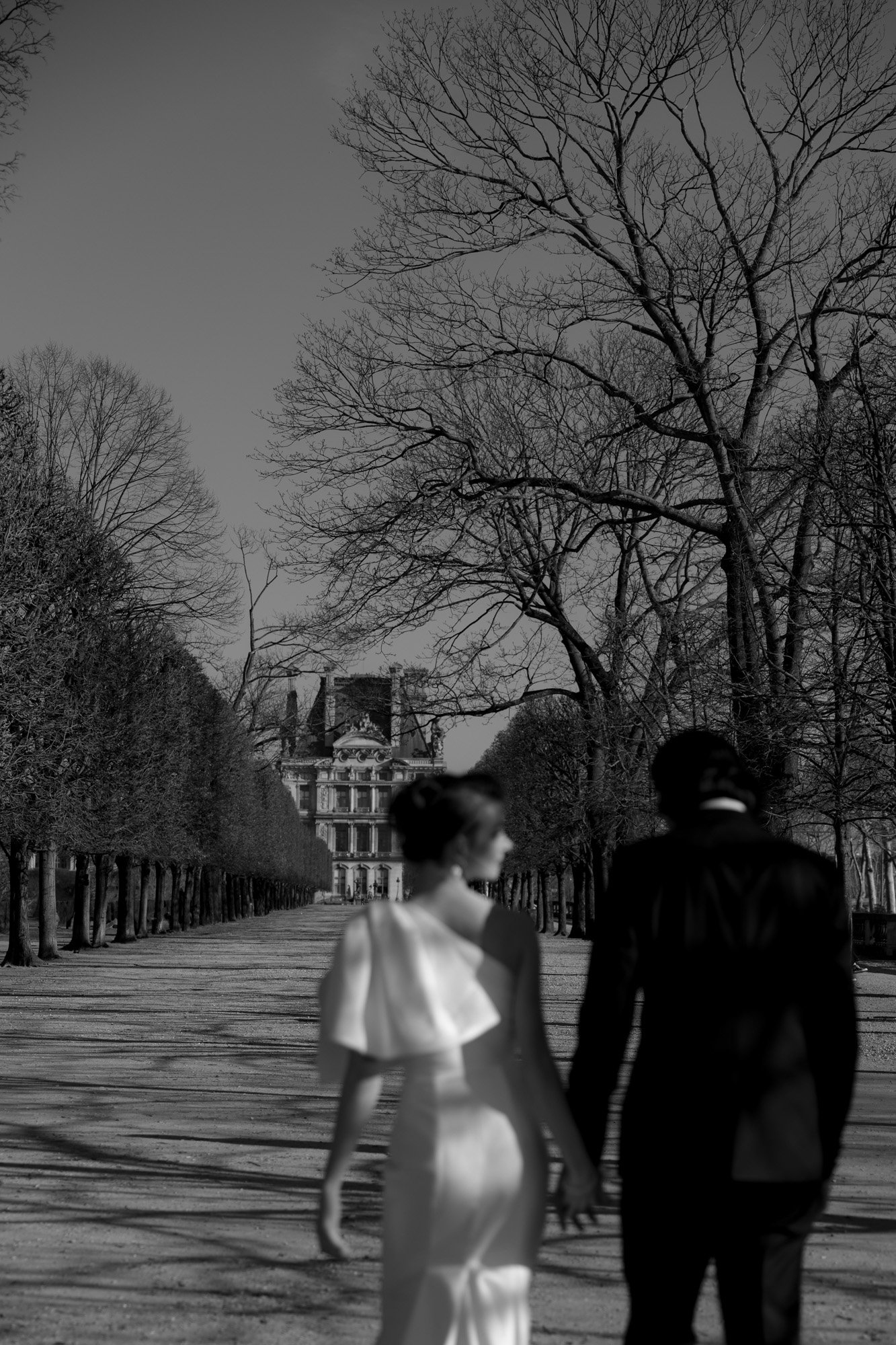 A couple in formal attire walks hand-in-hand down a tree-lined path toward a distant historic building, with bare branches overhead and strong sunlight casting shadows.