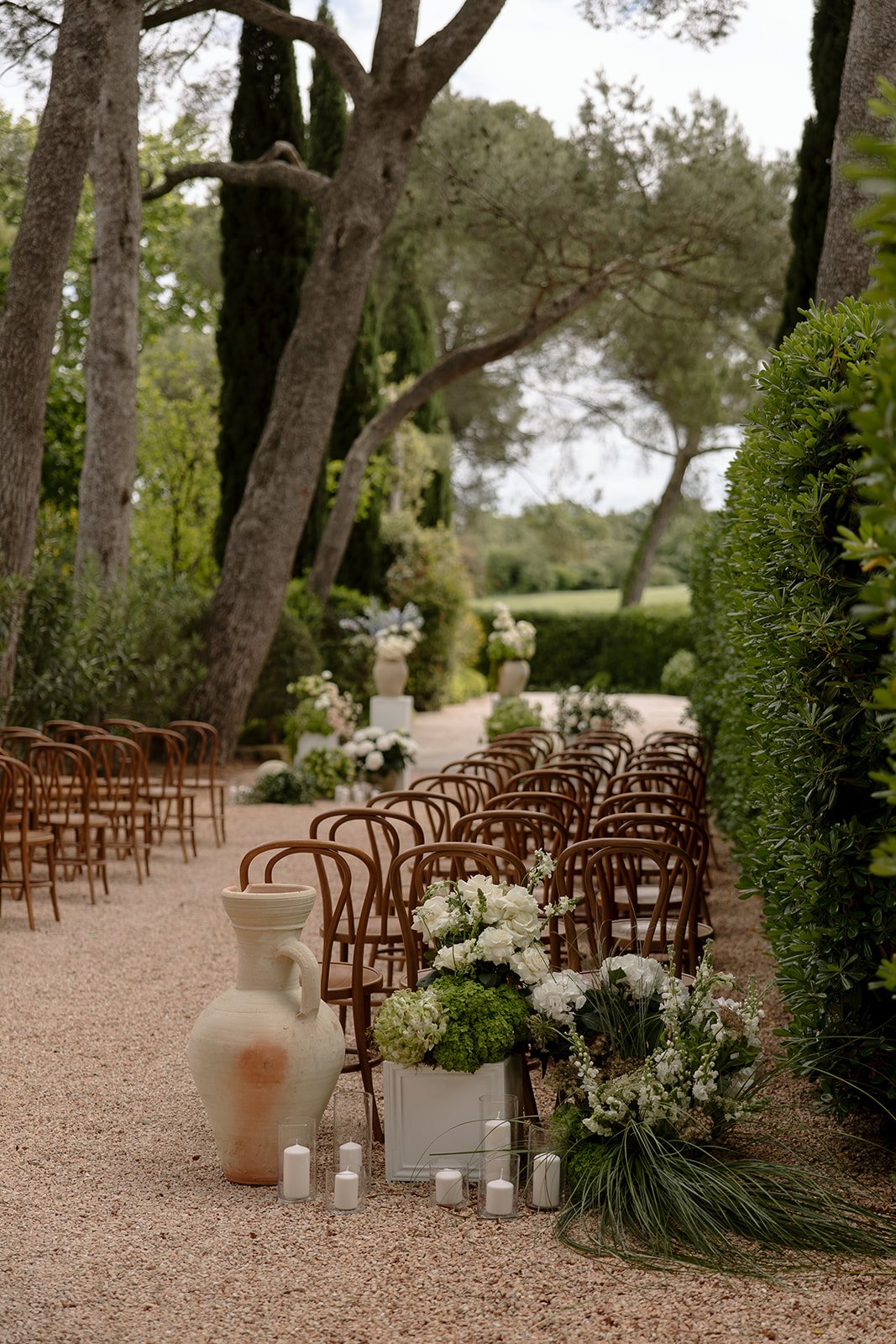 Chairs and chairs lined up in a row. An elegant french wedding.
